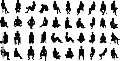 Large collection of diverse seated people silhouettes, men and women in various sitting, resting, and relaxed postures for architectural
