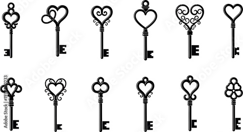 A collection of intricately designed keys with heart-shaped handles in various patterns isolated on white background