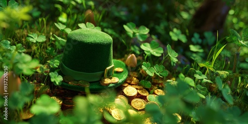 A whimsical scene celebrating St Patrick's Day, featuring a forest with four-leaf clovers and shamrocks, topped with a croquet hat filled with golden coins. A pot of gold hidden among the greenery