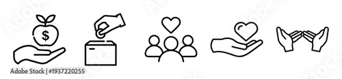 Minimalist line icons illustrating financial support, charity, and care