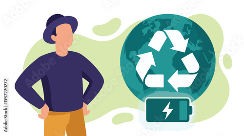 Sustainable energy and recycling concept with person, Earth, and battery