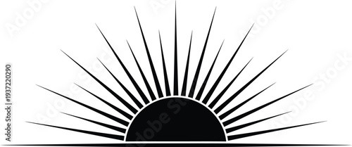 Sunrise sunburst silhouette vector, rising sun rays symbol, abstract sun icon, morning light concept, minimal solar design illustration isolated