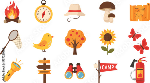 Camping Adventure Icon Set with Campfire, Compass, Hat, Mushroom, Map, Flashlight, Binoculars, Bird, Butterfly, and Outdoor Nature Elements Vector Collection