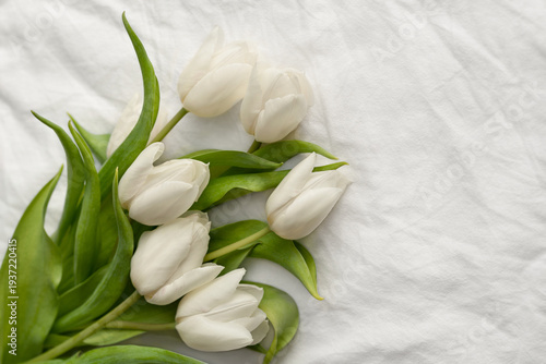 White tulips bouquet on soft fabric background with natural light, minimal spring floral composition. Copy space