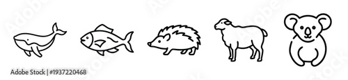 Cute animal icons featuring a whale, fish, hedgehog, sheep, and koala