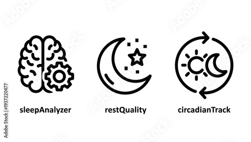 Circadian rhythm and sleep quality tracking icons including brain analysis and night rest monitoring symbols