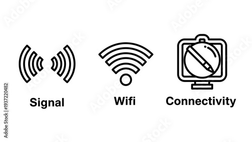 Wireless signal and wifi connectivity line icons with text labels for internet communication and network status
