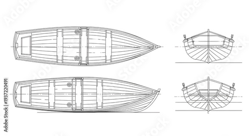 Rowboat AutoCAD Blueprint Vector – Small Wooden Boat Multi-View Technical Outline Drawing Isolated on White