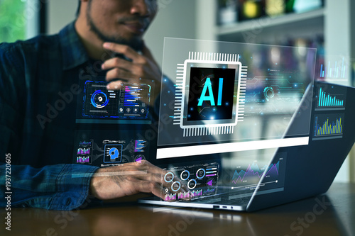 Business Professional Working with AI Artificial Intelligence Data Dashboard on Laptop