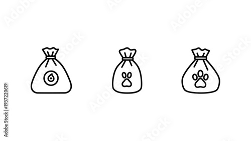 Pet Food Product Packaging Icons featuring Paw Prints and Nutrition Sack Symbols for Animal Care