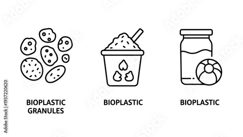 Eco Friendly Bioplastic Granules and Sustainable Packaging Icons for Biodegradable Material Production