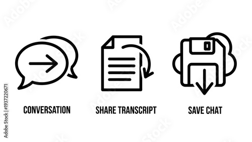 Digital Communication Icons: Conversation, Share Transcript, and Save Chat for Messaging Apps and Online Interaction Interfaces