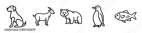 Simple line drawings of dog goat bear penguin and fish