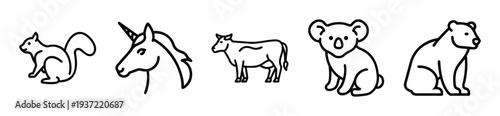 Set of simple animal illustrations including squirrel, unicorn, cow, koala, and bear