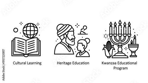 Cultural Education and Heritage Learning Line Icons: Global Knowledge, Traditional Teaching, and Kwanzaa Program Elements
