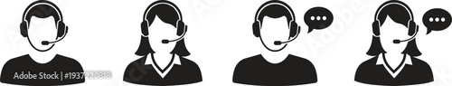 Support service operator icon set with male and female avatars. Customer service representative with headset for call center. Online assistant and help desk communication design elements.