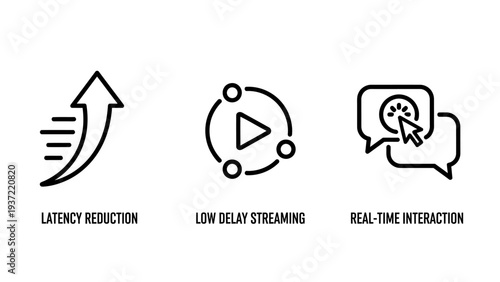 High-Performance Digital Technology Line Icons: Latency Reduction, Low Delay Streaming, and Real-Time Online Interaction