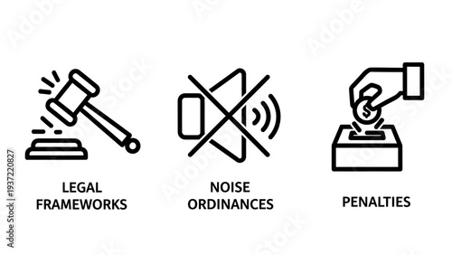 Regulatory icons for legal frameworks, noise control ordinances, and financial penalties or fines for non-compliance in a modern line art style.