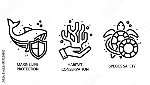 Environmental conservation icons for marine life protection, coral reef habitat preservation, and endangered sea species safety in line art.