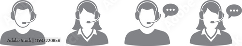 Support service operator icon set with male and female avatars. Customer service representative with headset for call center. Online assistant and help desk communication design elements.