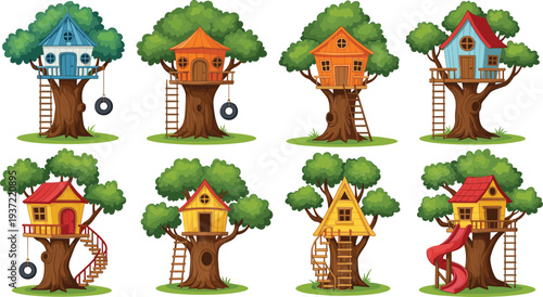 Cartoon treehouse collection with wooden houses on trees, ladders, slides, and playground elements whimsical vector illustration set