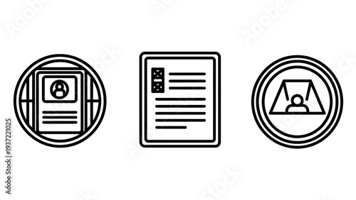 Business Document and User Profile Line Icons Set, Data Forms, ID Cards, and Online Meeting Presentation Vector