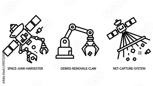 Innovative Space Debris Removal Technologies Line Icons: Harvester, Robotic Claw, and Net Capture Systems in Orbit
