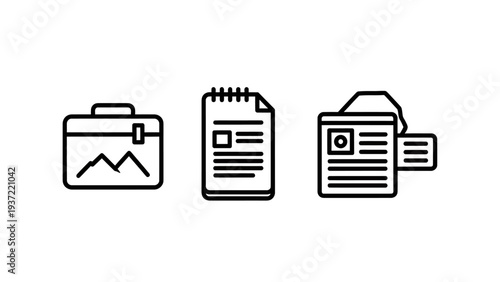 Business and Office Essentials Line Icons: Professional Briefcase, Notepad, and Identification Badge for Corporate Use