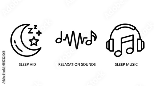 Calming Sleep Aid, Relaxation Sounds, and Sleep Music Icons for Promoting Rest and Well-being in Line Art