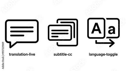 Digital Language and Communication Line Icons: Live Translation, Subtitles, and Language Toggle for Media Interfaces