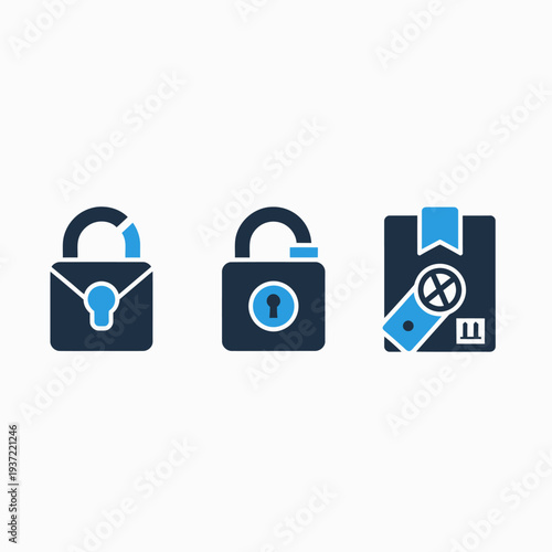Unlocked Padlock and Open Package Security Icons - Flat Vector Design for Data Access, Privacy, and Shipping Concepts