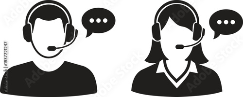 Support service operator icon set with male and female avatars. Customer service representative with headset for call center. Online assistant and help desk communication design elements.
