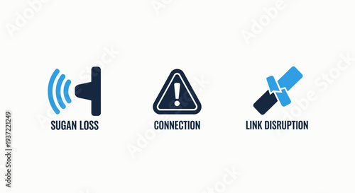 Flat Design Vector Icons for Network & Connection Problems: Signal Loss, Warning Errors, and Link Disruption for Tech Communications