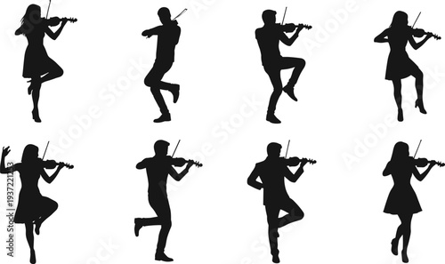 Male and female violin player silhouettes in various dynamic poses for music, performance, and orchestra concepts vector illustration