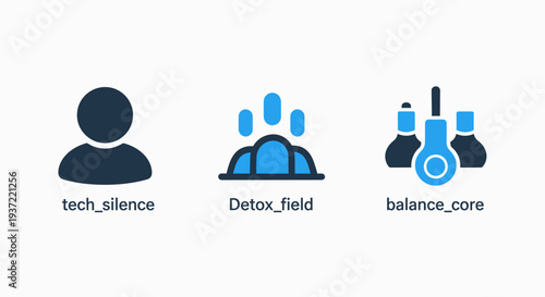 Diverse Flat Design Vector Icons Representing User Profiles, Group Detox Fields for Wellness, and Abstract Balance Core Concepts in Technology