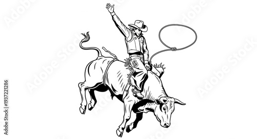 Cowboy riding a bucking bull with a lasso in a rodeo competition, black and white illustration.