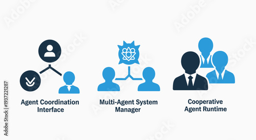 Agent Coordination Interface, Multi-Agent System Manager, and Cooperative Agent Runtime Icons in Blue Tones for Business and Technology Concepts