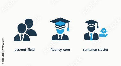 Flat Design Vector Icons Representing Professional Development and Academic Concepts: Language Fluency, Sentence Clustering, and Education Fields