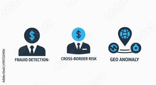 Fraud Detection, Cross-Border Risk, and Geo Anomaly Icons for Financial Security and Global Analytics