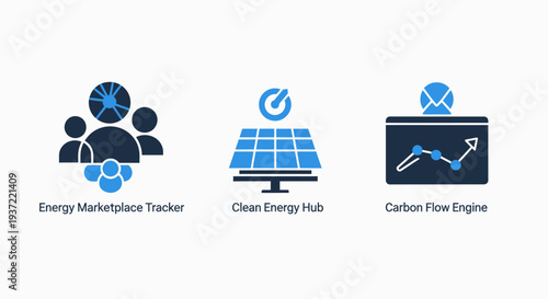 Clean Energy Hub, Carbon Flow Engine, and Energy Marketplace Tracker Icons for Sustainable Business Solutions