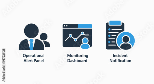 Operational Alert Panel, Monitoring Dashboard, and Incident Notification Icons for System Management