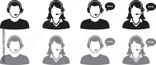 Support service operator icon set with male and female avatars. Customer service representative with headset for call center. Online assistant and help desk communication design elements.