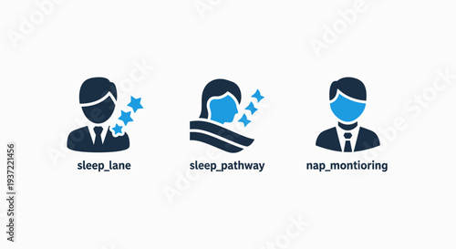 Sleep Monitoring and Wellness Icons Representing Sleep Lane, Sleep Pathway, and Nap Monitoring for Health Tracking and Personal Performance