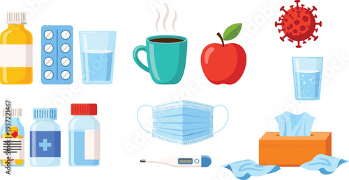 Cold and flu treatment medical icon set with medicines, mask, thermometer, hot tea, water, apple, and virus vector illustration
