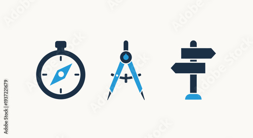 Navigation and Engineering Icon Set with Compass Drafting Dividers and Directional Signpost for Architectural Planning