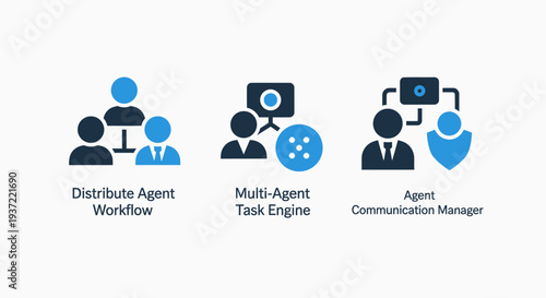 Artificial Intelligence Distributed Agent Workflow Icons for Multi-Agent Task Engine and Communication Systems