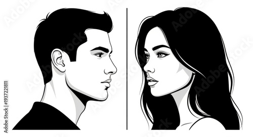 Artistic illustration of a man and woman facing each other in profile, black and white.
