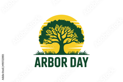 Minimalist Arbor Day with tree and sun yellow green