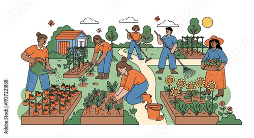 Group of People Gardening and Planting Flowers in a Community Garden.