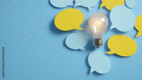 Illustrative concept of ideas and creativity symbolized by light bulb surrounded by speech bubbles on blue backdrop.